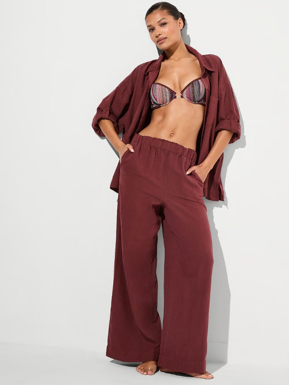 Victoria's Secret Linen-Blend Wide-Leg Pants in Dark Chili S/M NWT
